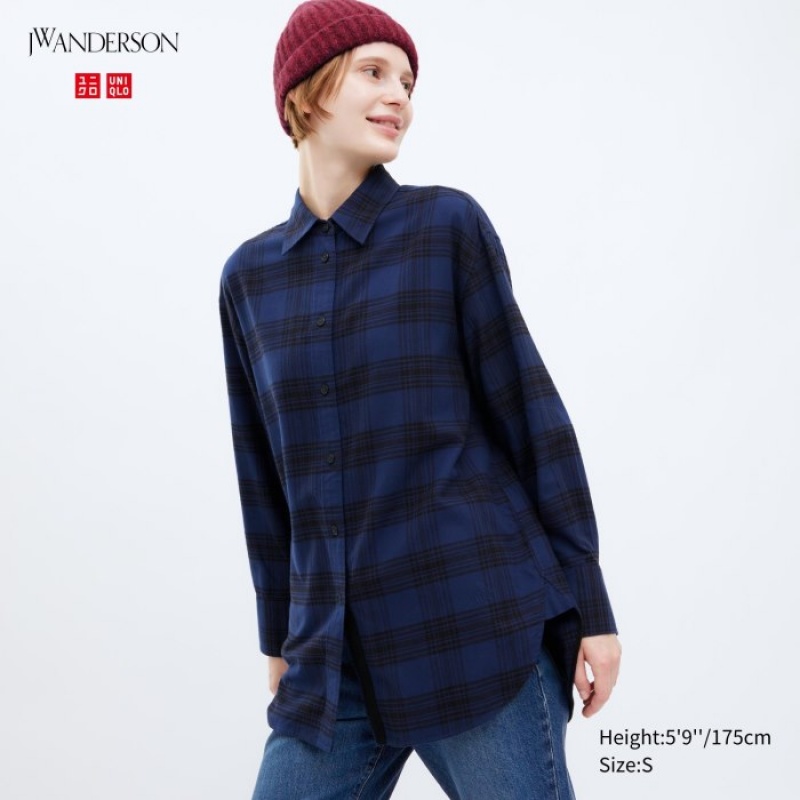 Chemises Uniqlo Flannel Checked Long-Sleeve Long Femme Bleu Marine | 8781920