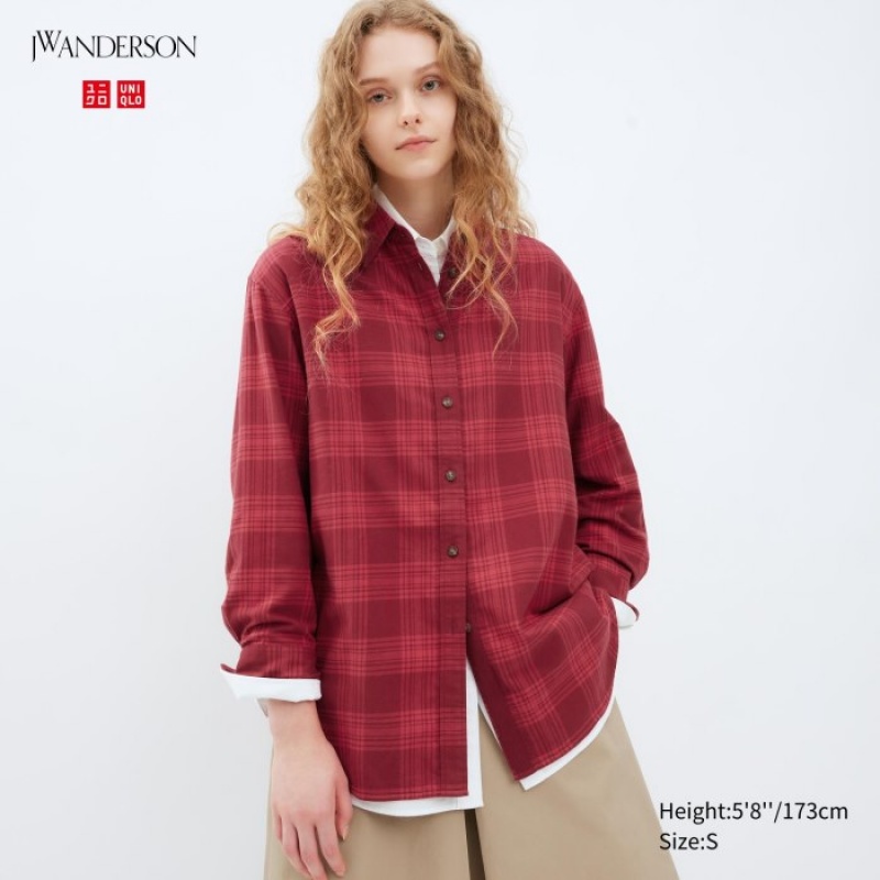 Chemises Uniqlo Flannel Checked Long-Sleeve Long Femme Bordeaux | 2410616