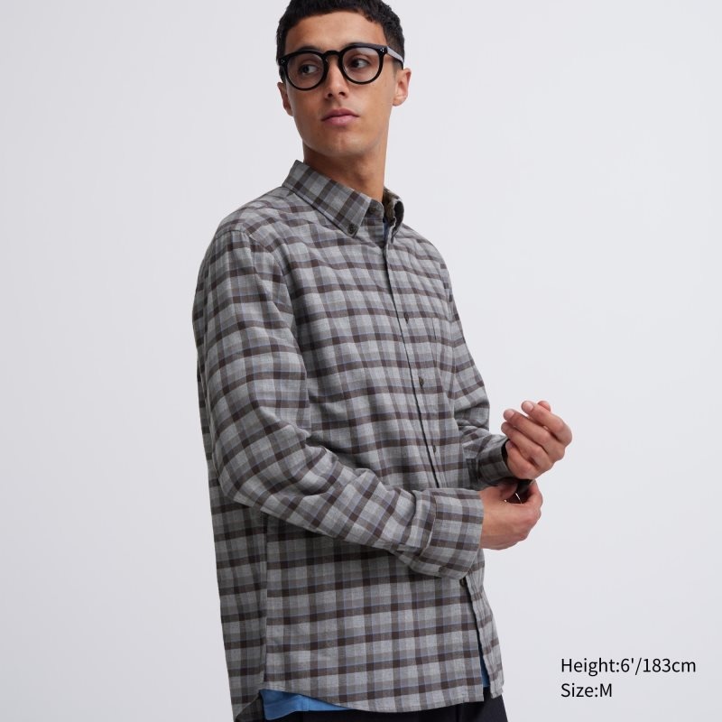 Chemises Uniqlo Flannel Checked Long Sleeve Homme Grise | 1771247