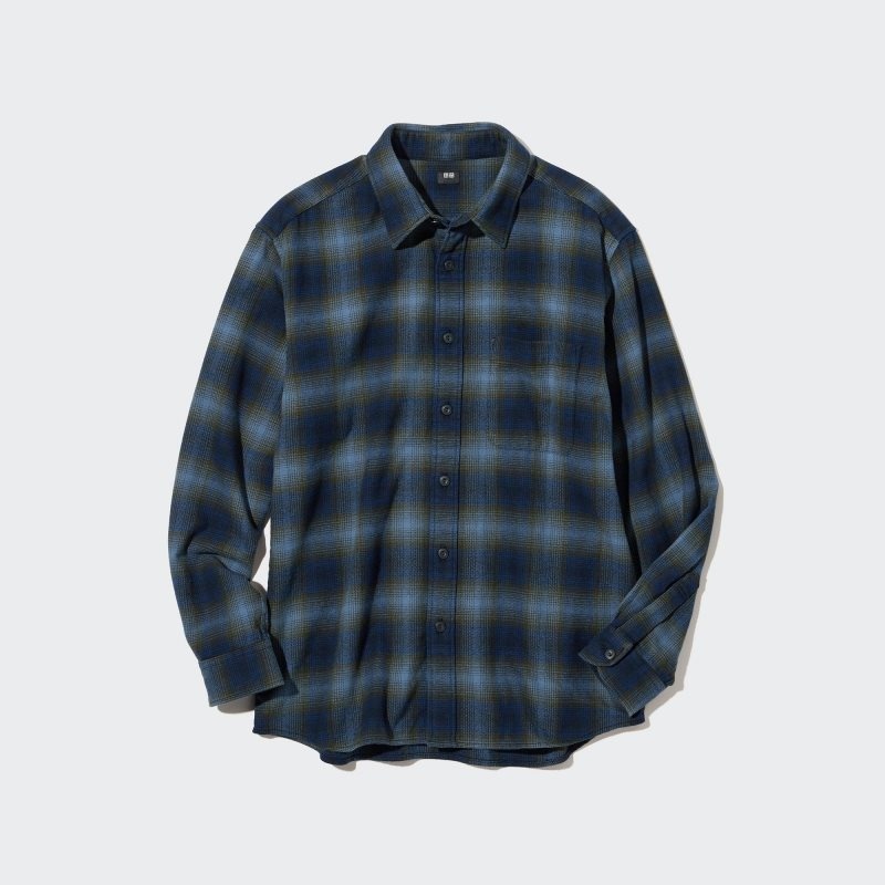 Chemises Uniqlo Flannel Checked Long-sleeve Homme Bleu | 6559832