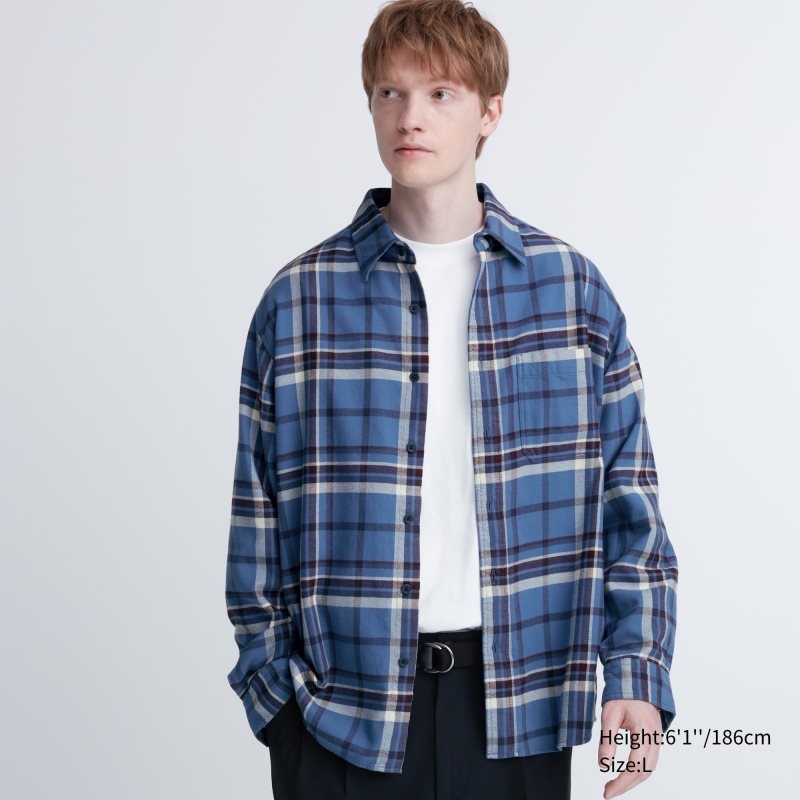 Chemises Uniqlo Flannel Checked Long-sleeve Homme Bleu | 4508868
