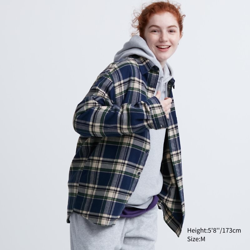 Chemises Uniqlo Flannel Checked Long-sleeve Homme Bleu | 6480048