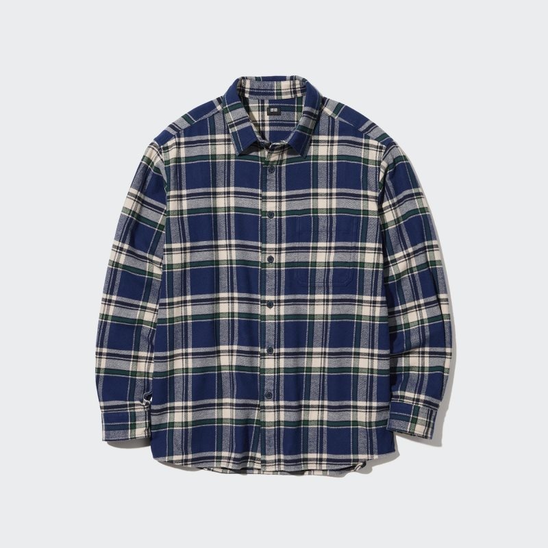 Chemises Uniqlo Flannel Checked Long-sleeve Homme Bleu | 6480048