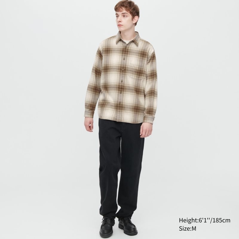Chemises Uniqlo Flannel Checked Long-sleeve Homme Beige | 3144814