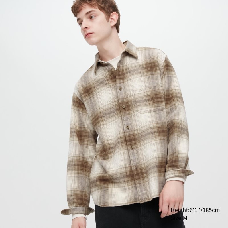 Chemises Uniqlo Flannel Checked Long-sleeve Homme Beige | 3144814