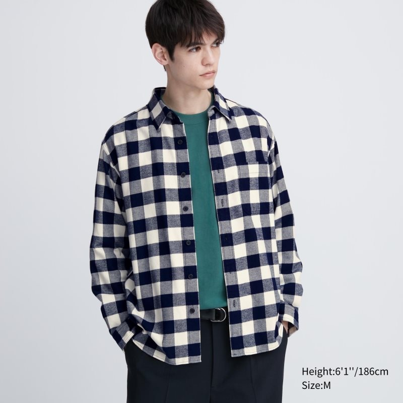 Chemises Uniqlo Flannel Checked Long-sleeve Homme Blanche | 9348687