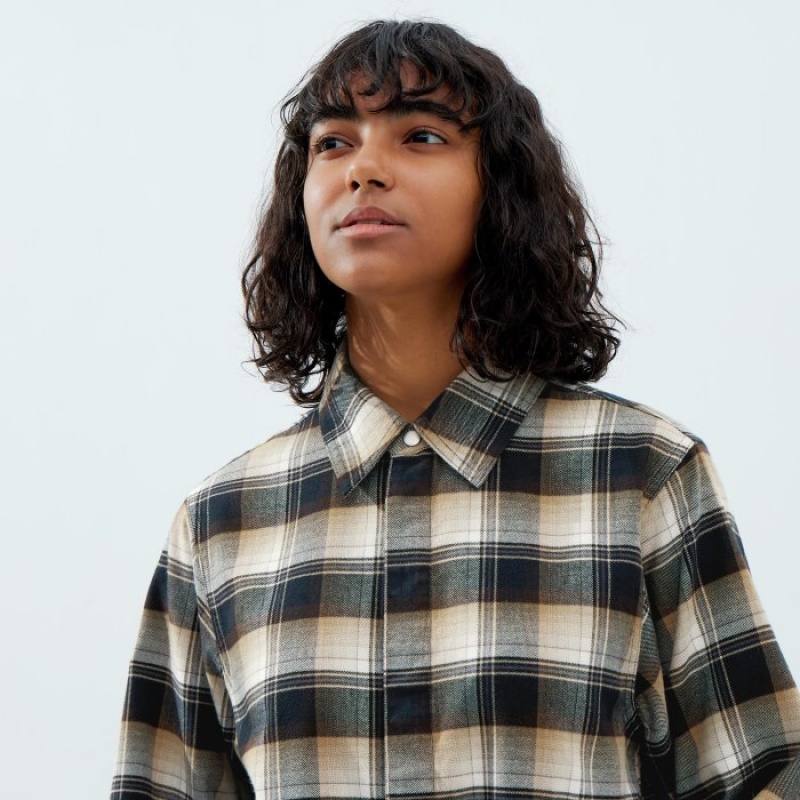Chemises Uniqlo Flannel Long-Sleeve Femme Beige | 3143828