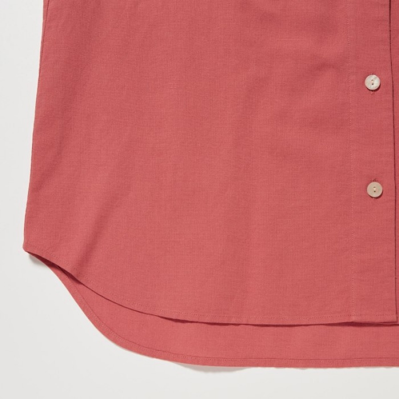 Chemises Uniqlo Linen Blend Open Collar Short-Sleeve Femme Rose | 579458