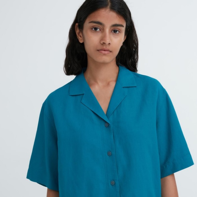 Chemises Uniqlo Linen Blend Open Collar Short-Sleeve Femme Rose | 579458
