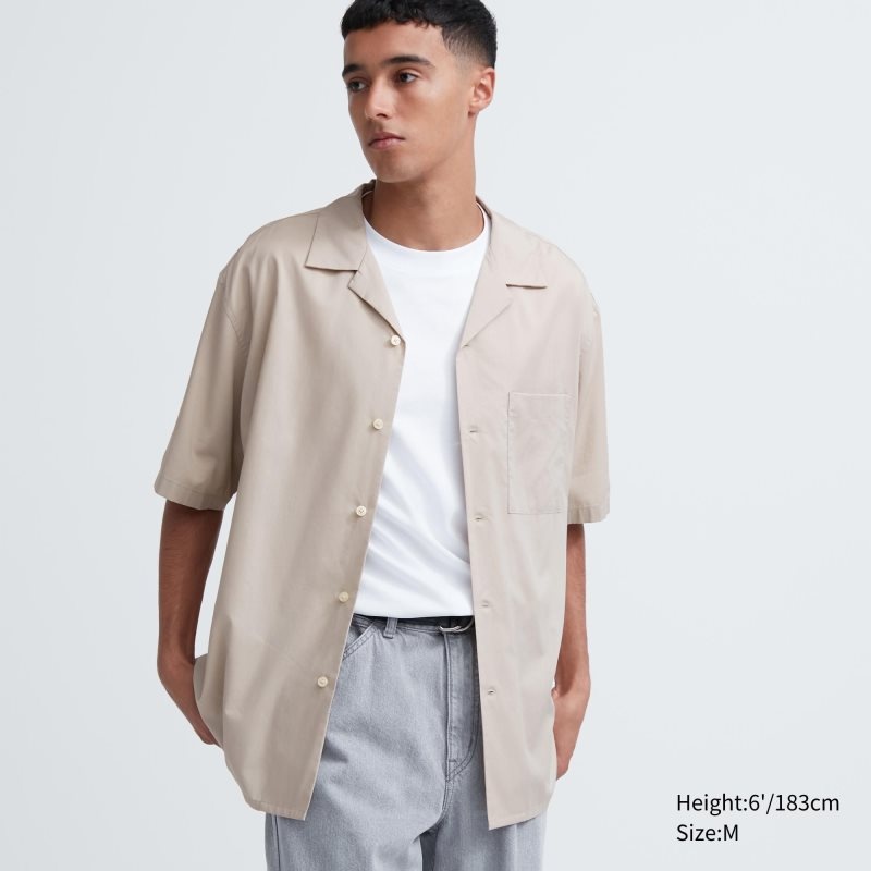 Chemises Uniqlo Open Collar Short-sleeve Homme Beige | 2875613