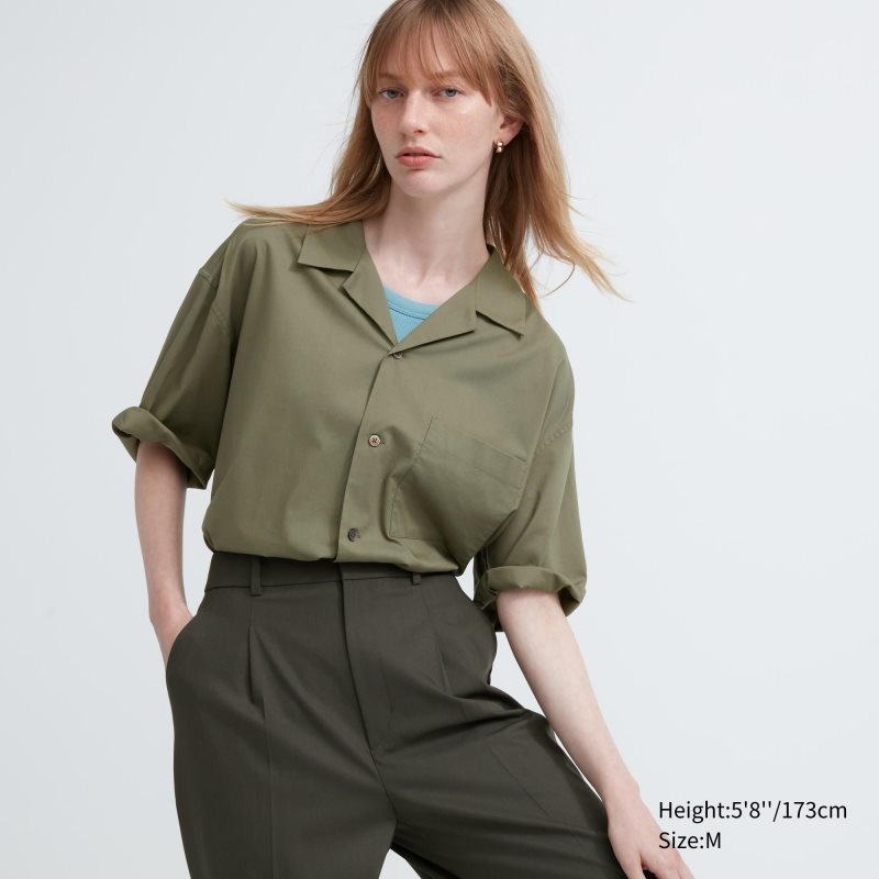 Chemises Uniqlo Open Collar Short-sleeve Homme Vert Olive | 9390904