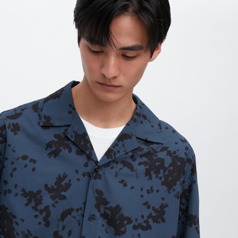 Chemises Uniqlo Open Collar Short-sleeve Homme Bleu | 9117083