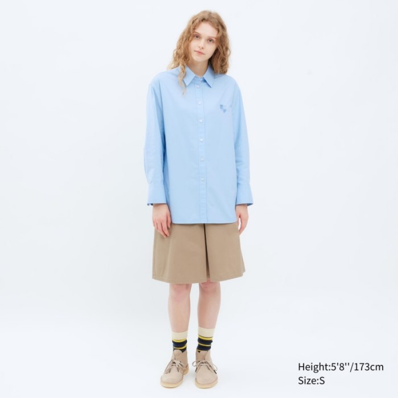 Chemises Uniqlo Oxford Long-Sleeve Long Femme Bleu | 1634796