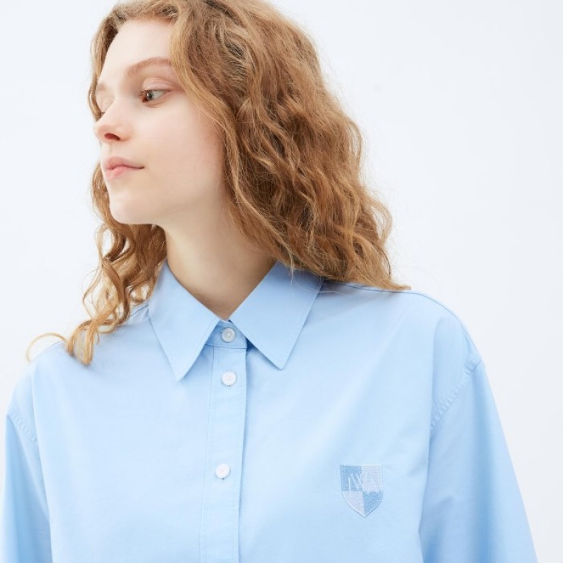 Chemises Uniqlo Oxford Long-Sleeve Long Femme Bleu | 1634796