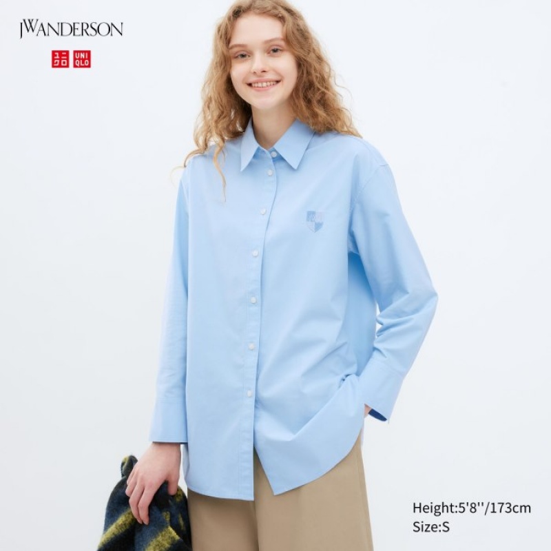 Chemises Uniqlo Oxford Long-Sleeve Long Femme Bleu | 1634796