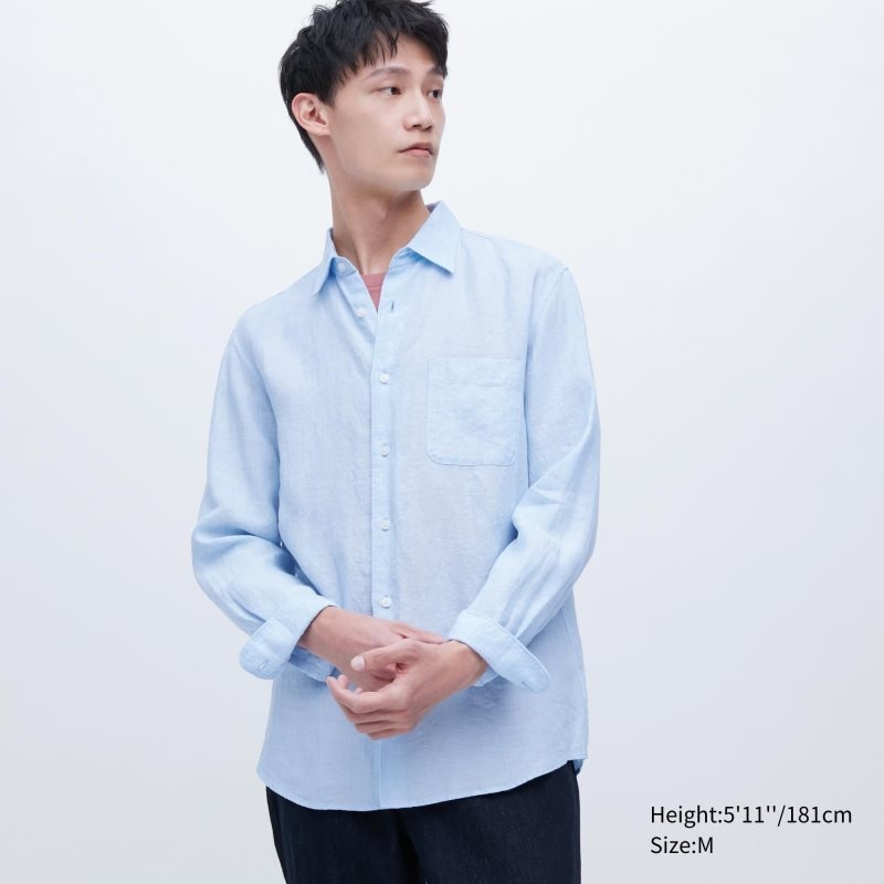 Chemises Uniqlo Premium Linen Long-sleeve Homme Bleu | 7279771