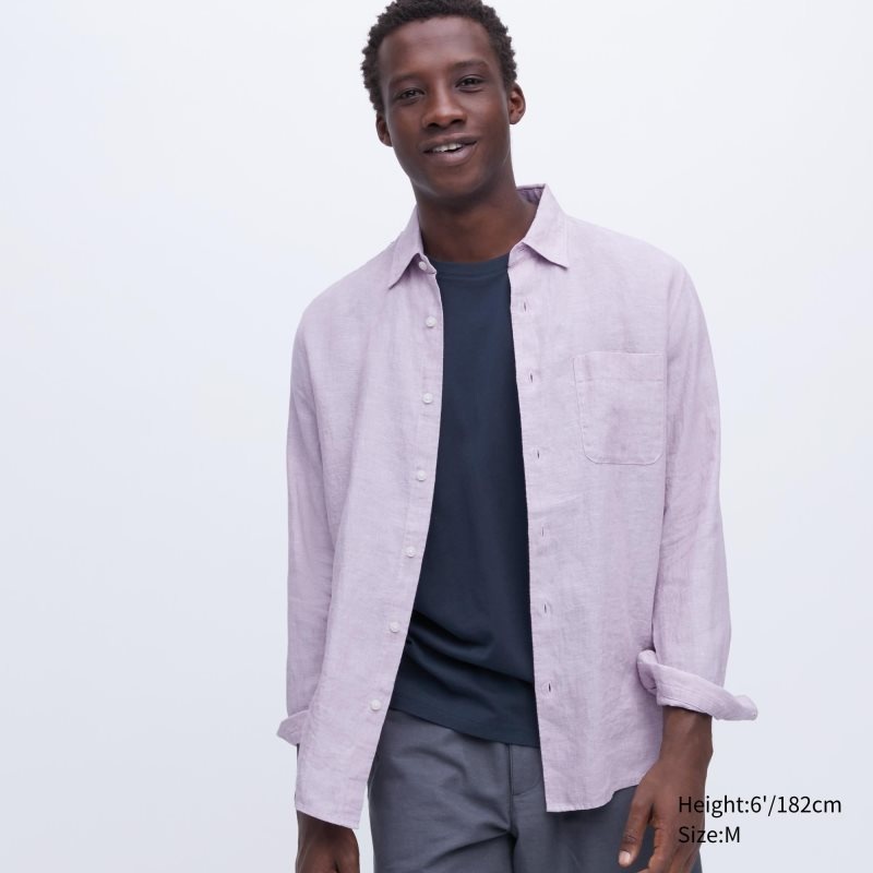 Chemises Uniqlo Premium Linen Long-sleeve Homme Rose | 5221865