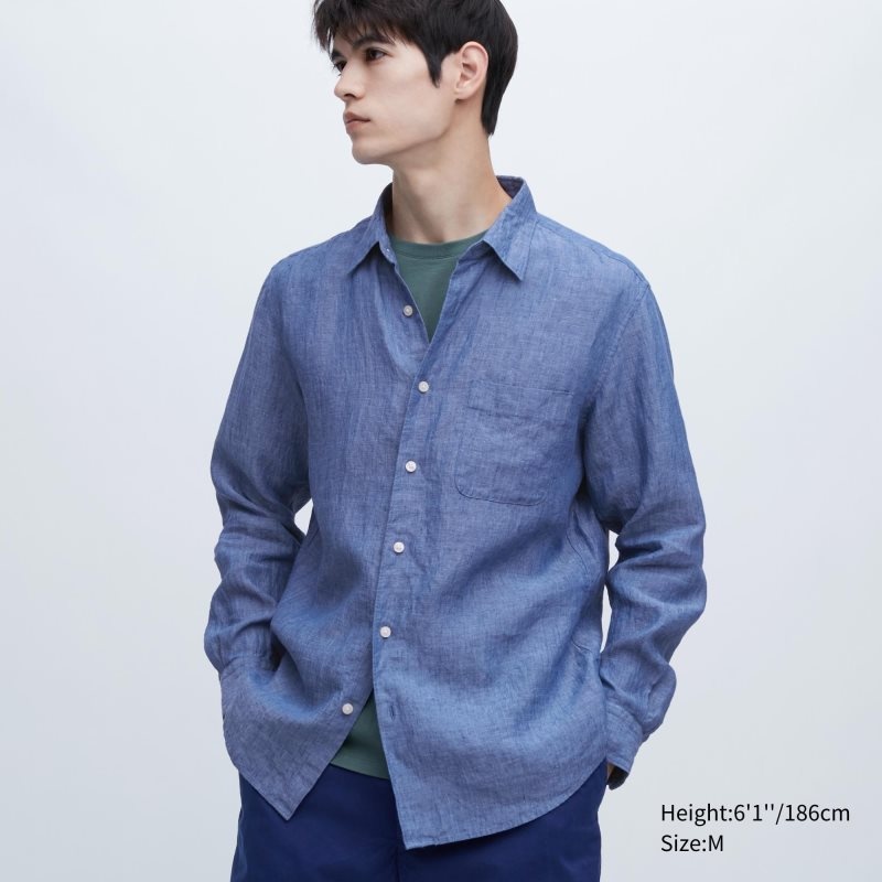 Chemises Uniqlo Premium Linen Long-sleeve Homme Bleu | 6908774