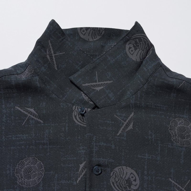 Chemises Uniqlo Shochiku Kabuki Open Collar Short-sleeve Homme Noir | 4672665