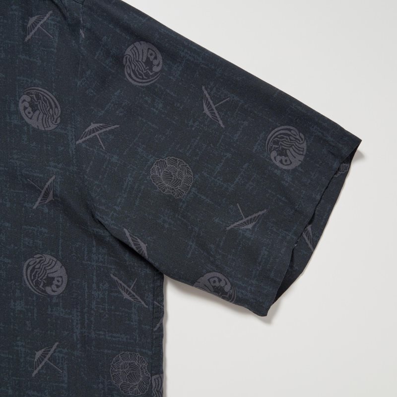 Chemises Uniqlo Shochiku Kabuki Open Collar Short-sleeve Homme Noir | 4672665
