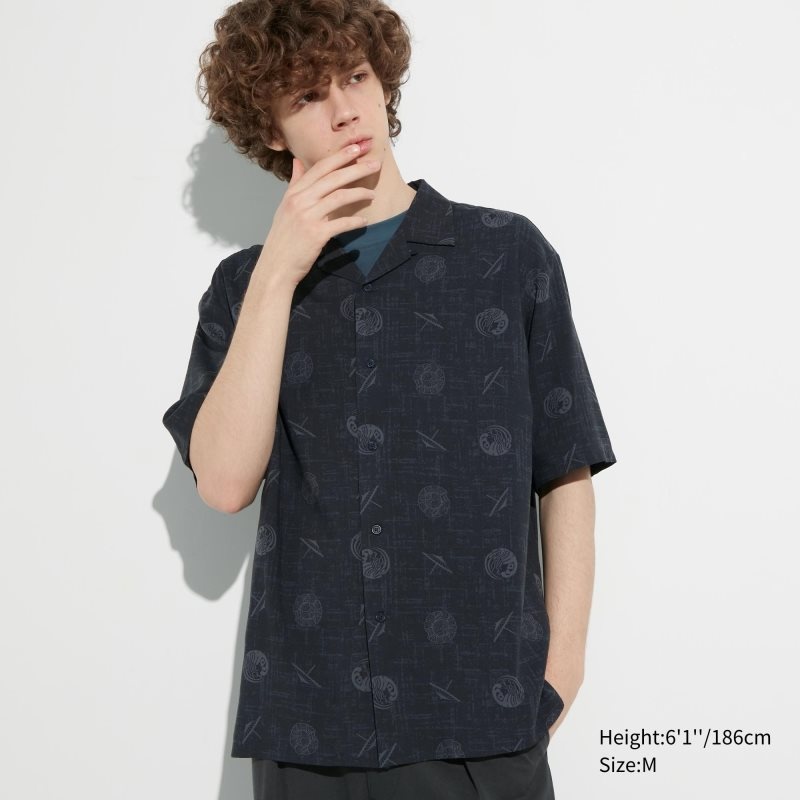 Chemises Uniqlo Shochiku Kabuki Open Collar Short-sleeve Homme Noir | 4672665
