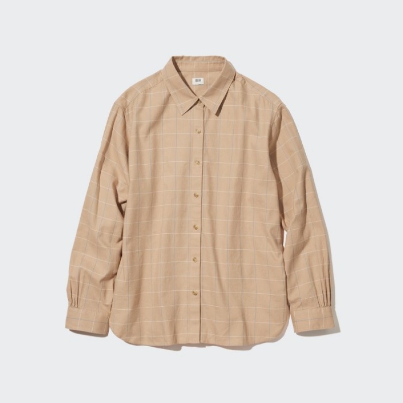 Chemises Uniqlo Soft Brushed Checked Long-Sleeve Femme Beige | 5577433