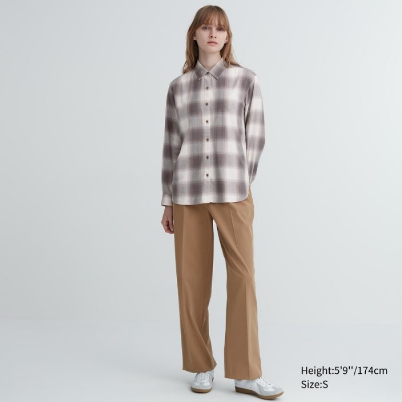 Chemises Uniqlo Soft Brushed Checked Long-Sleeve Femme Marron | 7630245