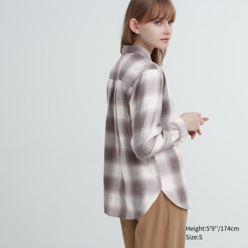 Chemises Uniqlo Soft Brushed Checked Long-Sleeve Femme Marron | 7630245
