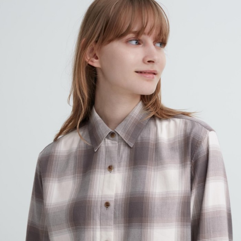 Chemises Uniqlo Soft Brushed Checked Long-Sleeve Femme Marron | 7630245