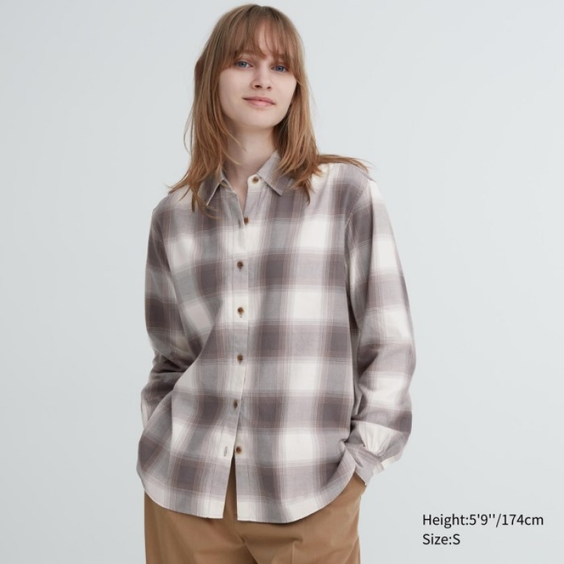 Chemises Uniqlo Soft Brushed Checked Long-Sleeve Femme Marron | 7630245