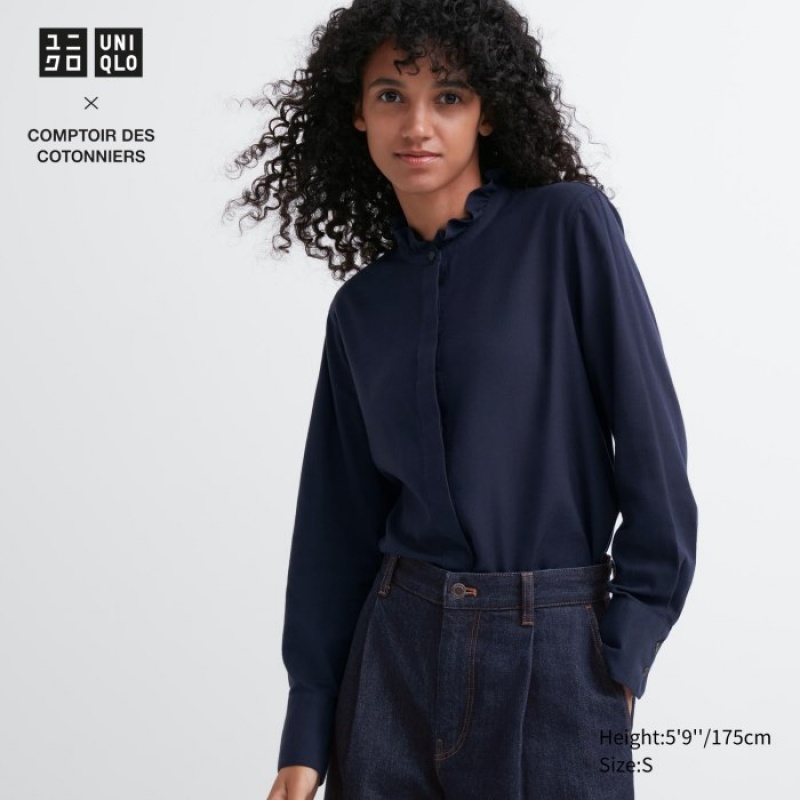 Chemises Uniqlo Soft Brushed Stand Collar Long-Sleeve Femme Bleu Marine | 4633306
