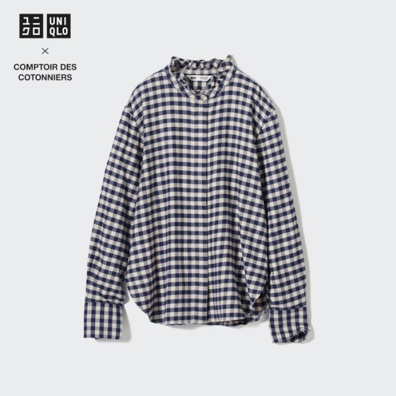 Chemises Uniqlo Soft Brushed Stand Collar Long-Sleeve Femme Bleu | 8057235