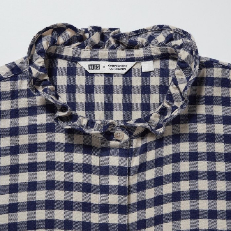 Chemises Uniqlo Soft Brushed Stand Collar Long-Sleeve Femme Bleu | 8057235