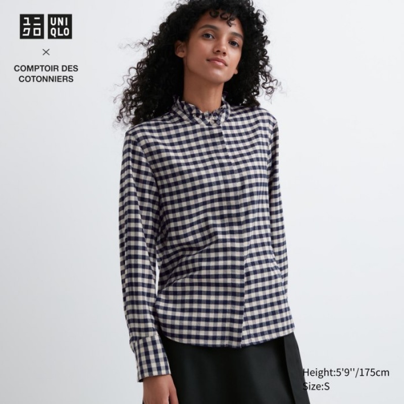 Chemises Uniqlo Soft Brushed Stand Collar Long-Sleeve Femme Bleu | 8057235
