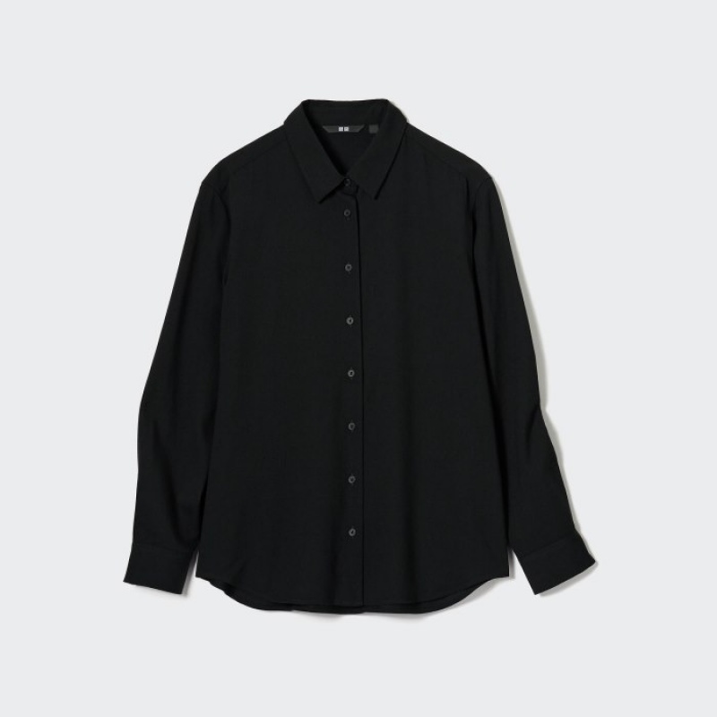 Chemisier Uniqlo Rayon Long-Sleeve Femme Noir | 3593453
