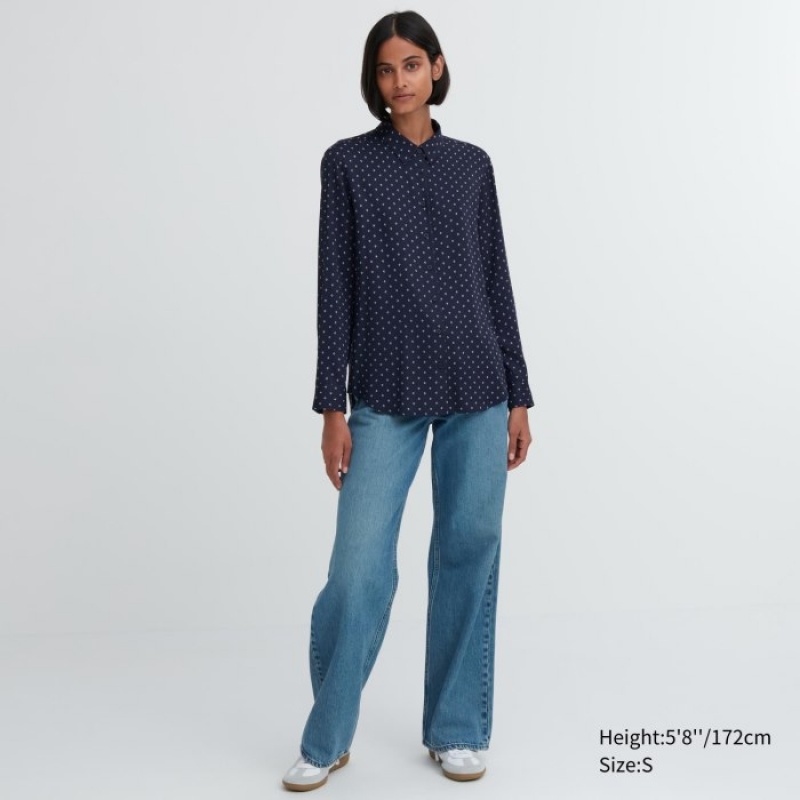 Chemisier Uniqlo Rayon Printed Long-Sleeve Femme Bleu Marine | 6688990
