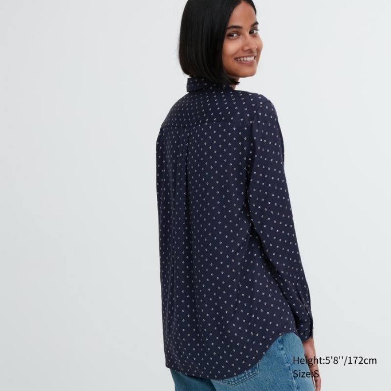 Chemisier Uniqlo Rayon Printed Long-Sleeve Femme Bleu Marine | 6688990