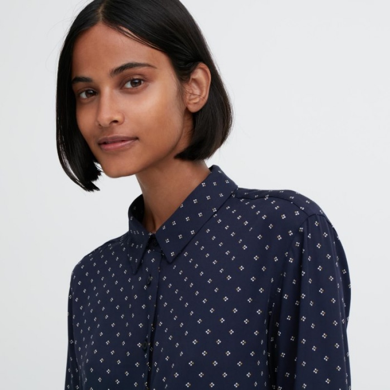 Chemisier Uniqlo Rayon Printed Long-Sleeve Femme Bleu Marine | 6688990