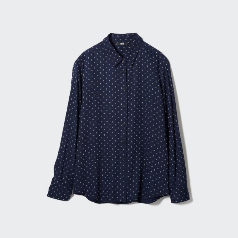 Chemisier Uniqlo Rayon Printed Long-Sleeve Femme Bleu Marine | 6688990