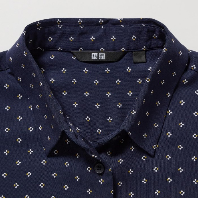 Chemisier Uniqlo Rayon Printed Long-Sleeve Femme Bleu Marine | 6688990