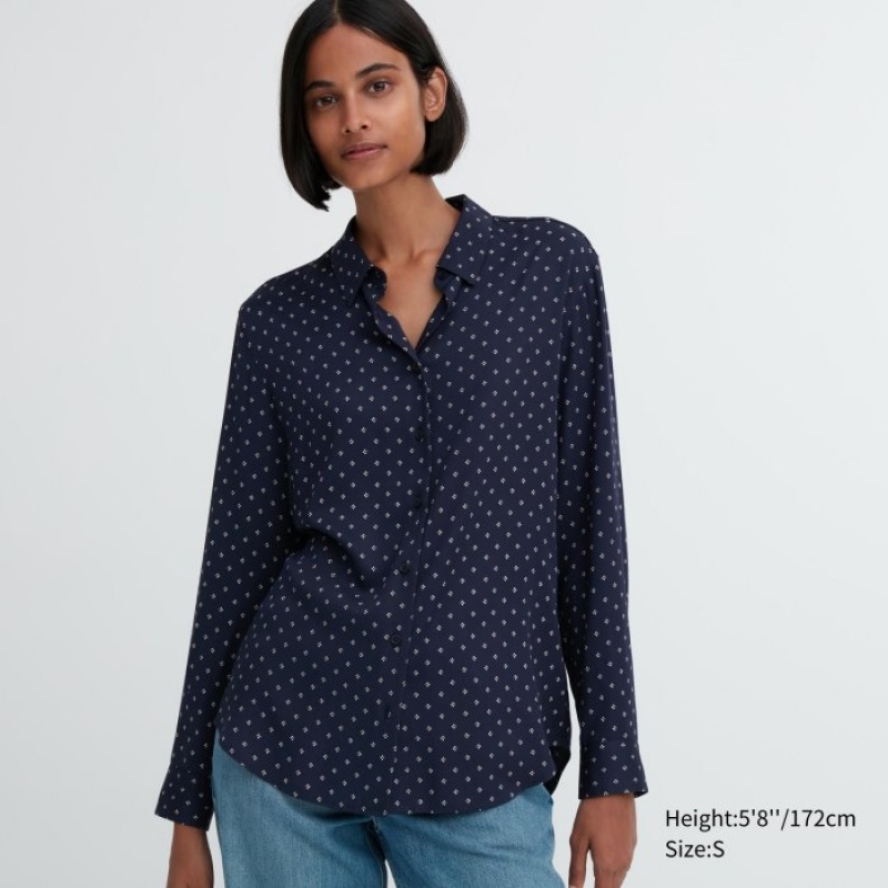 Chemisier Uniqlo Rayon Printed Long-Sleeve Femme Bleu Marine | 6688990