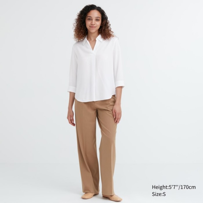 Chemisier Uniqlo Rayon Skipper Collar 3/4-Sleeve Femme Blanche | 4372785