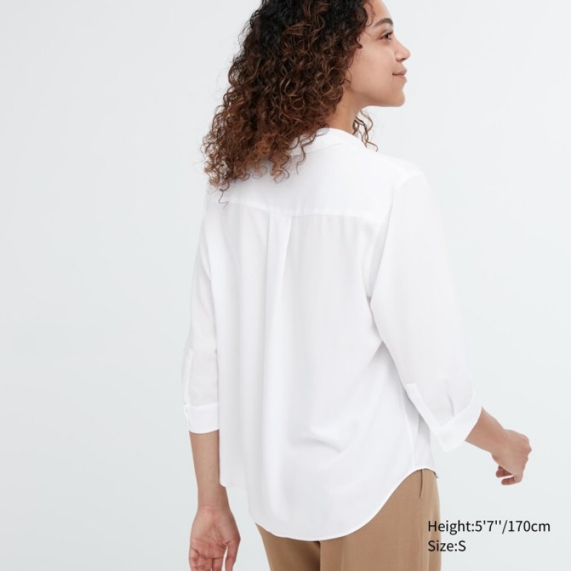 Chemisier Uniqlo Rayon Skipper Collar 3/4-Sleeve Femme Blanche | 4372785