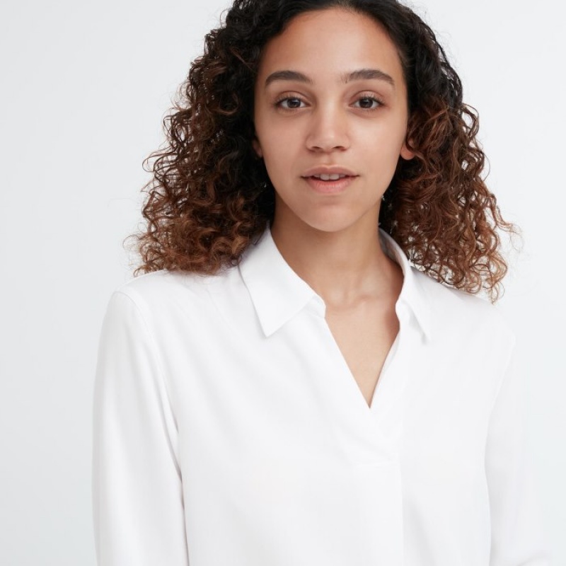 Chemisier Uniqlo Rayon Skipper Collar 3/4-Sleeve Femme Blanche | 4372785