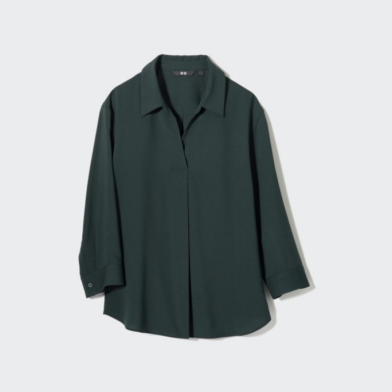 Chemisier Uniqlo Rayon Skipper Collar 3/4-Sleeve Femme Blanche | 4372785