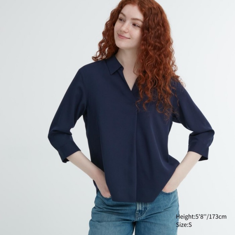 Chemisier Uniqlo Rayon Skipper Collar 3/4-Sleeve Femme Bleu Marine | 2497736