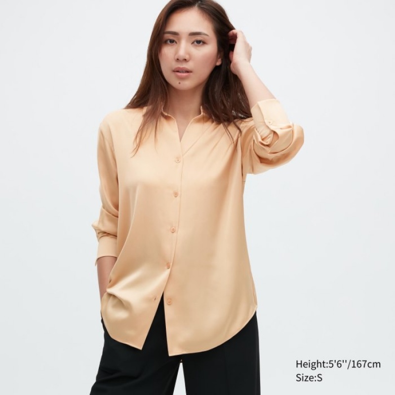 Chemisier Uniqlo Satin Long-Sleeve Femme Beige | 4343300