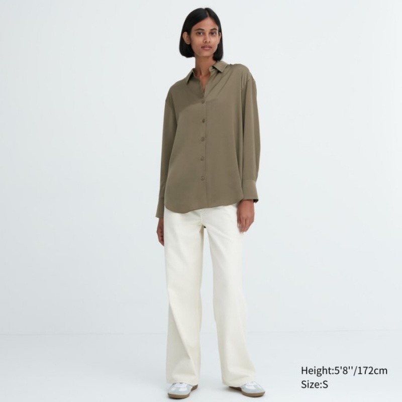 Chemisier Uniqlo Satin Long-Sleeve Femme Vert Olive | 3009253