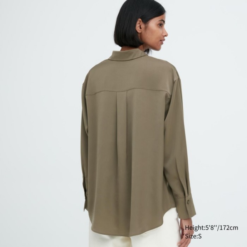 Chemisier Uniqlo Satin Long-Sleeve Femme Vert Olive | 3009253