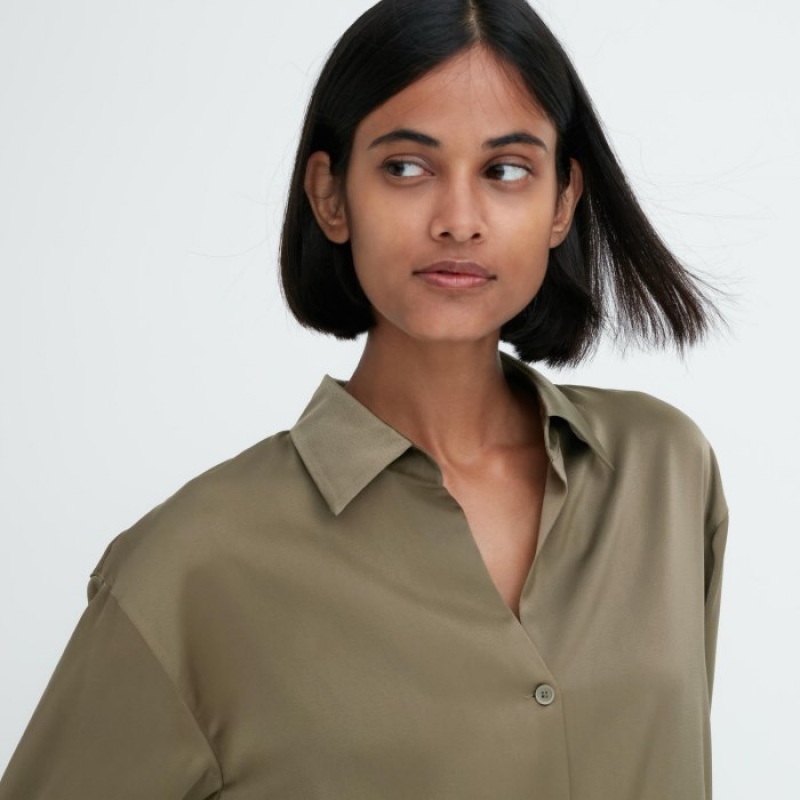 Chemisier Uniqlo Satin Long-Sleeve Femme Vert Olive | 3009253